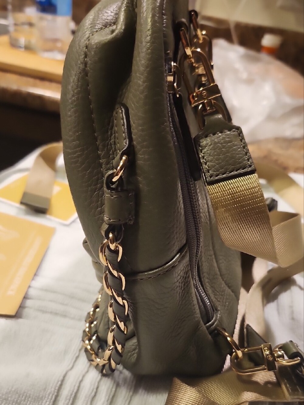 Michael Kors Olive Green Pebbled Leather Mini Backpack with Gold Chain - Picture 6 of 10
